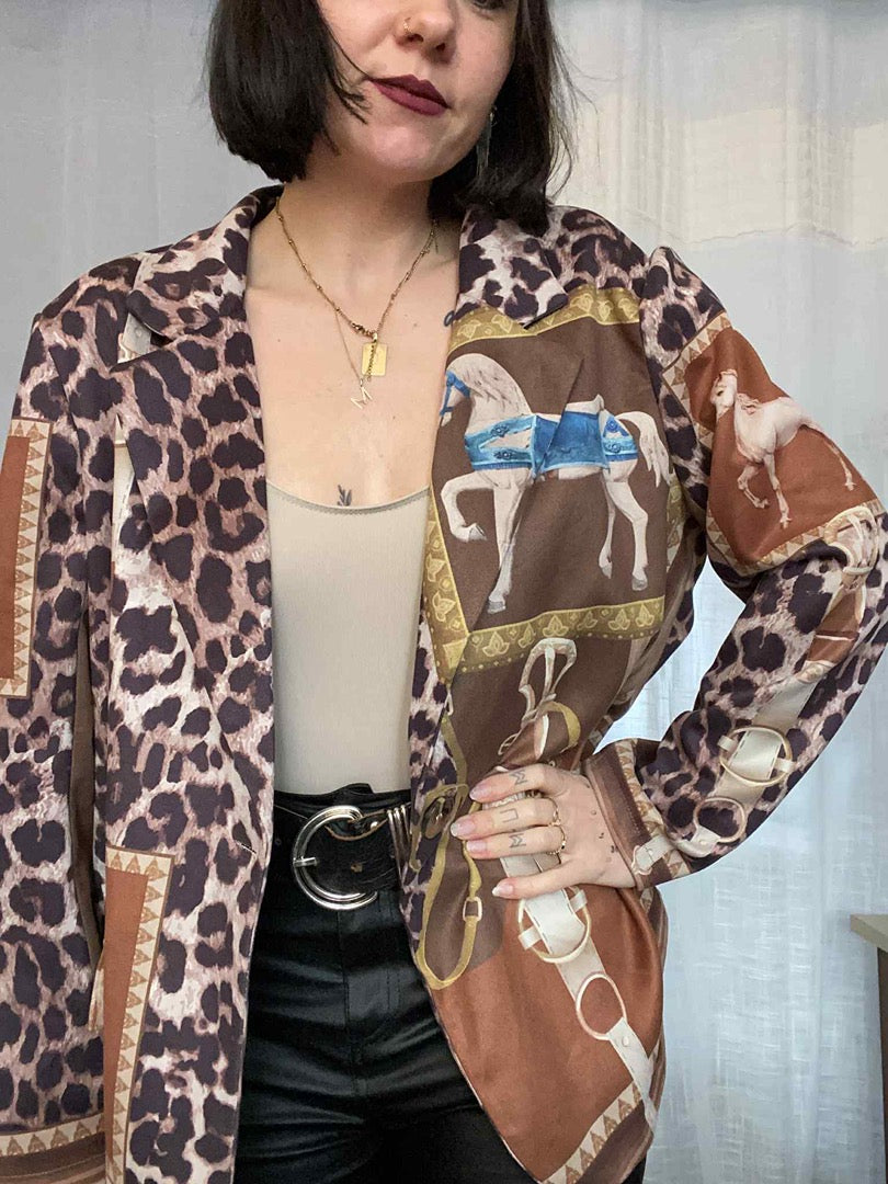 Blazer imprimé léopard et équestre - M - Marron - État : Excellent