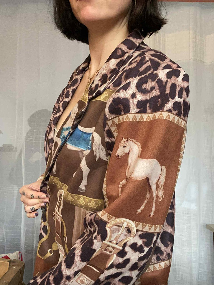 Blazer imprimé léopard et équestre - M - Marron - État : Excellent