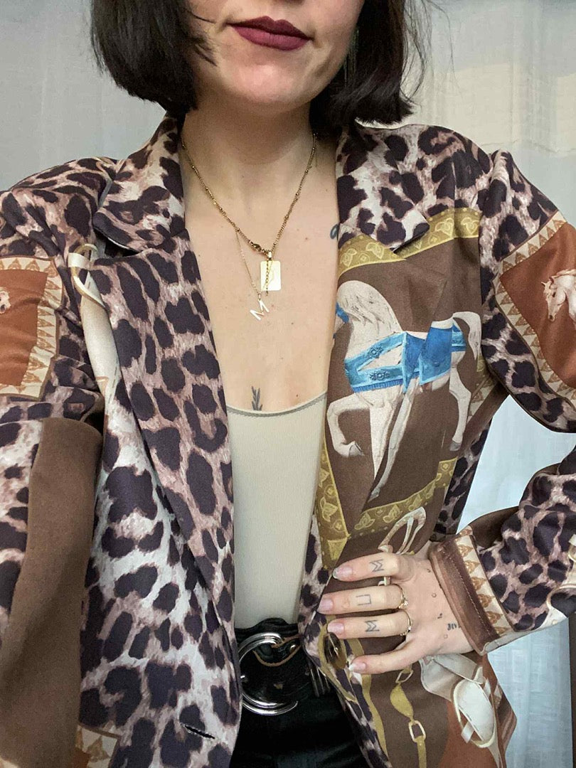 Blazer imprimé léopard et équestre - M - Marron - État : Excellent