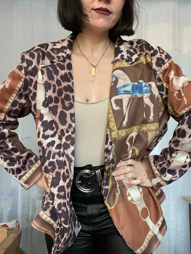 Blazer imprimé léopard et équestre - M - Marron - État : Excellent