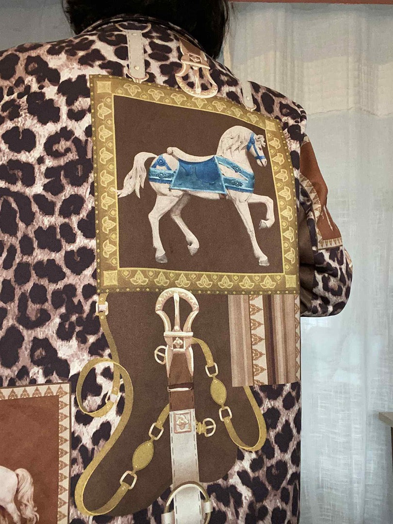 Blazer imprimé léopard et équestre - M - Marron - État : Excellent