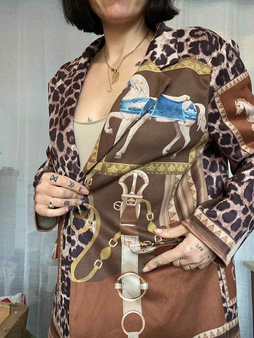 Blazer imprimé léopard et équestre - M - Marron - État : Excellent